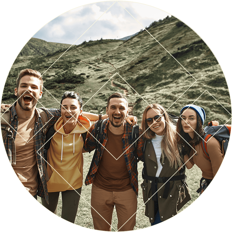 Friends hiking and smiling